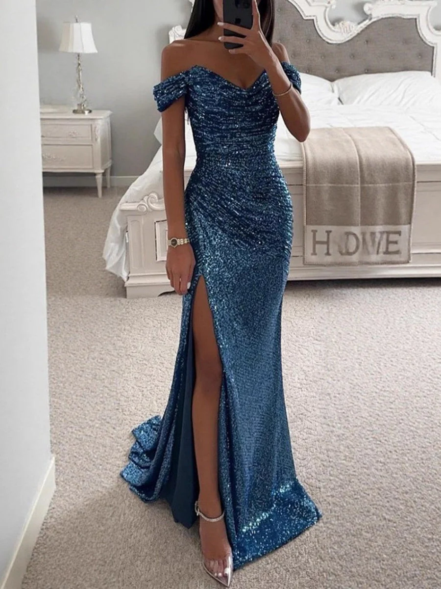 Sequins One-shoulder Collar Slit Pleated Maxi Dresses - Image 9