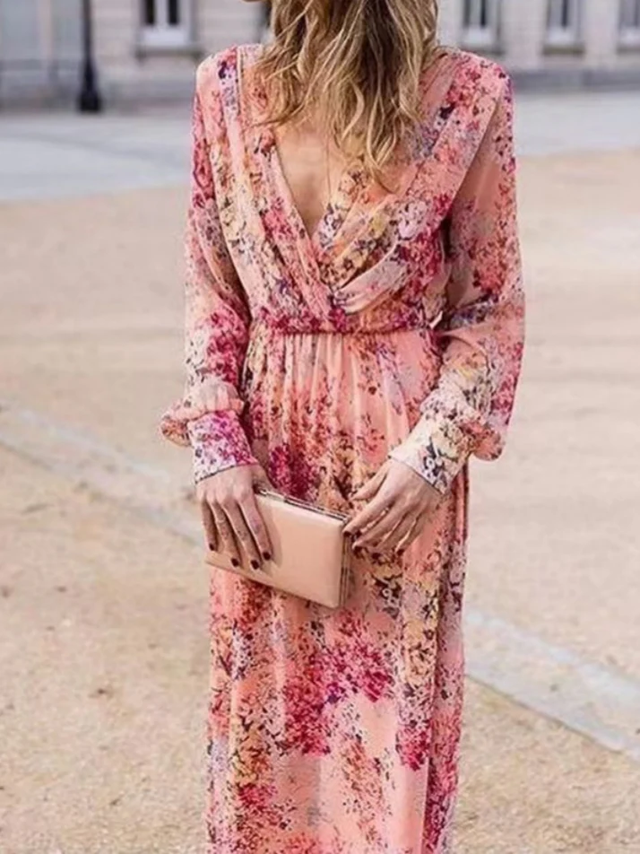 V-neck, Tie-waist, Floral Print, Fitted Waist, Full Skirt Long Dress - Image 2