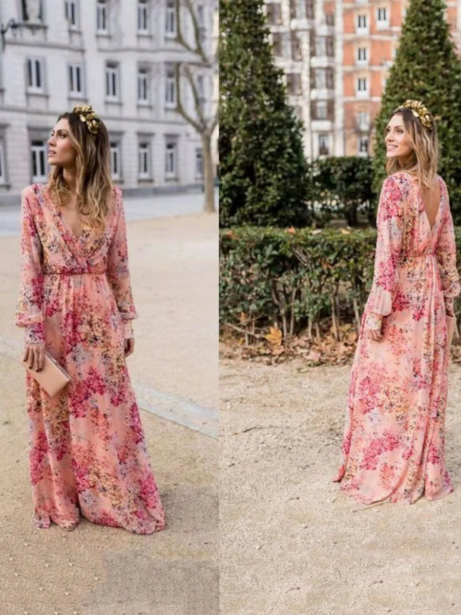 V-neck, Tie-waist, Floral Print, Fitted Waist, Full Skirt Long Dress - Image 3