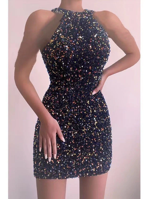 Sexy Halter Neck Crystal Tassel Bodycon Sequined Short Dress - Image 3