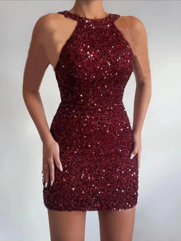 Sexy Halter Neck Crystal Tassel Bodycon Sequined Short Dress - Image 5