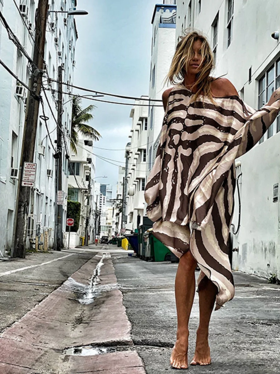Printed Beach Vacation Style Off-shoulder Maxi Dress - Image 10