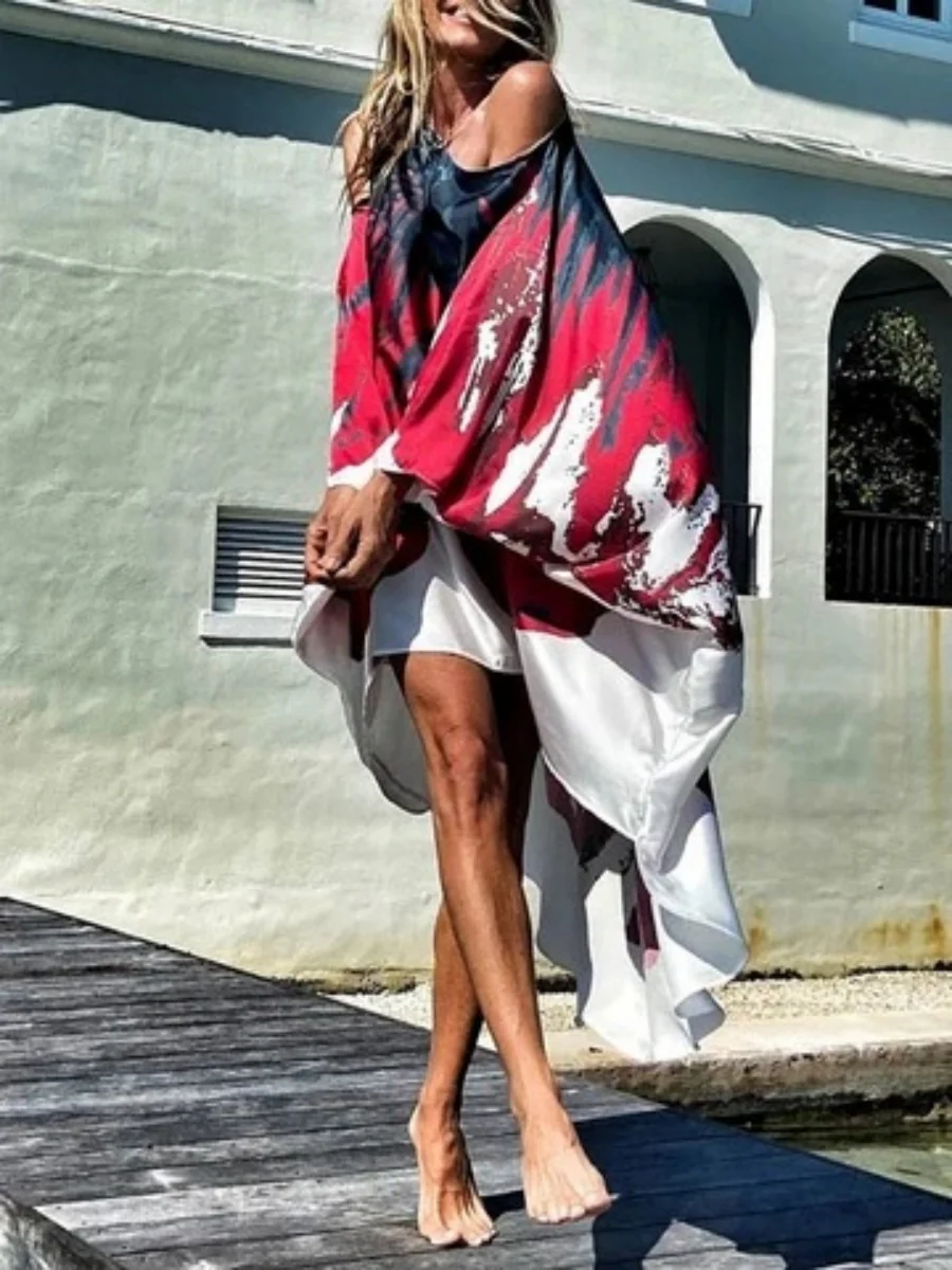 Printed Beach Vacation Style Off-shoulder Maxi Dress - Image 6