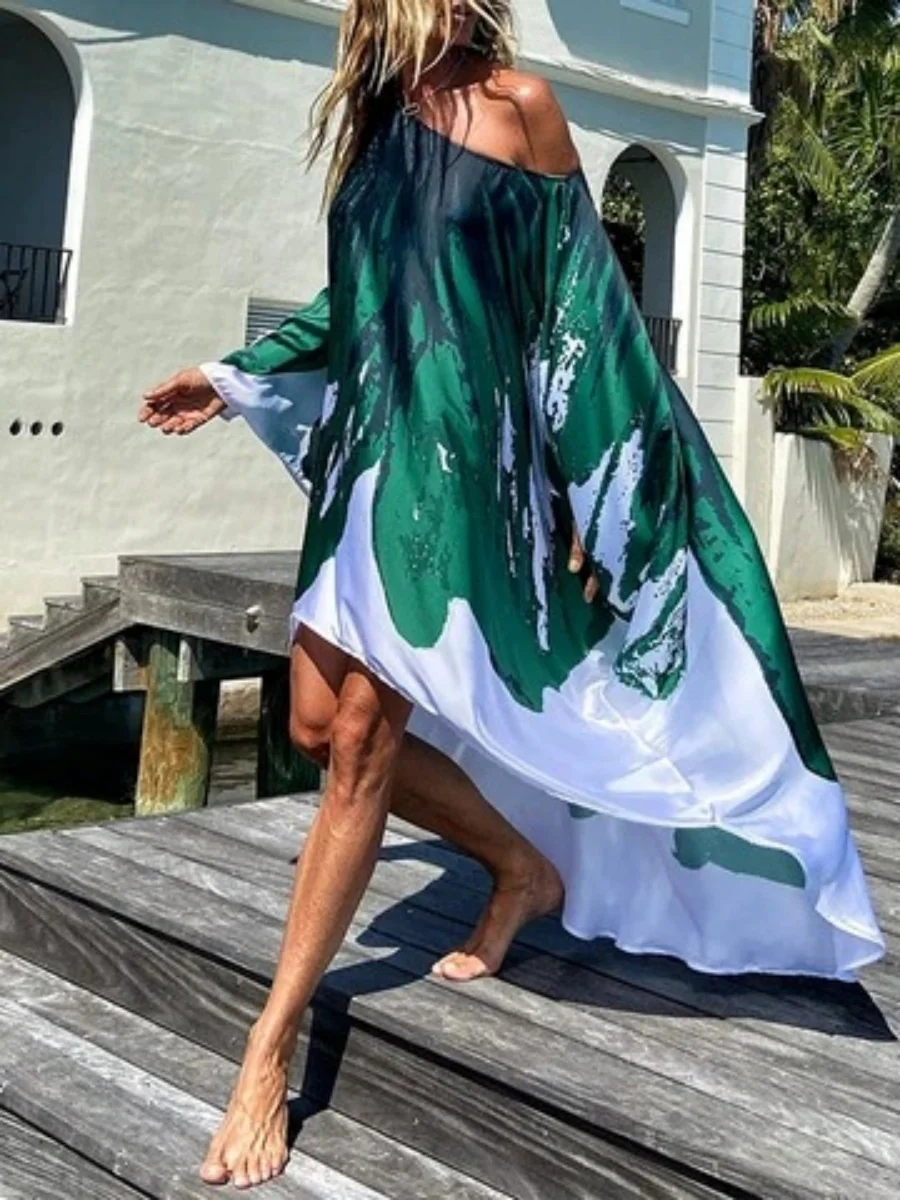 Printed Beach Vacation Style Off-shoulder Maxi Dress - Image 7