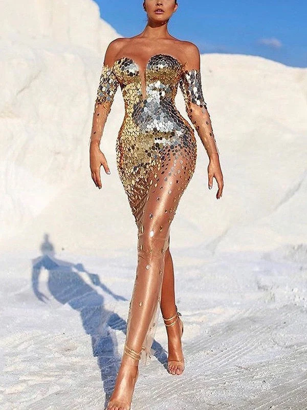 Sequins Bandage Off Shoulder Maxi Dresses - Image 3