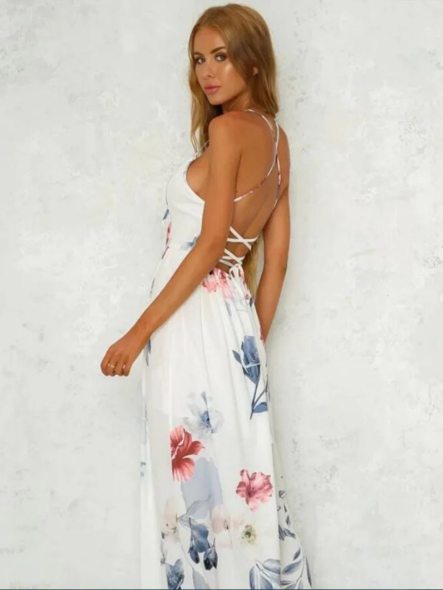 High-slit V-neck Floral Print Suspender Maxi Dress - Image 6