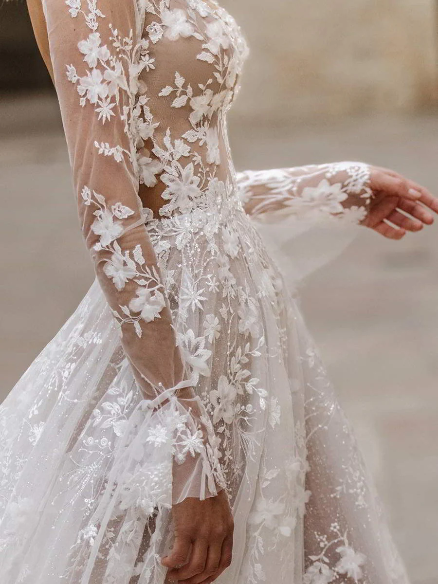 Sexy Long Sleeve V-neck Thin Bridal Wedding Maxi Dresses - Image 6