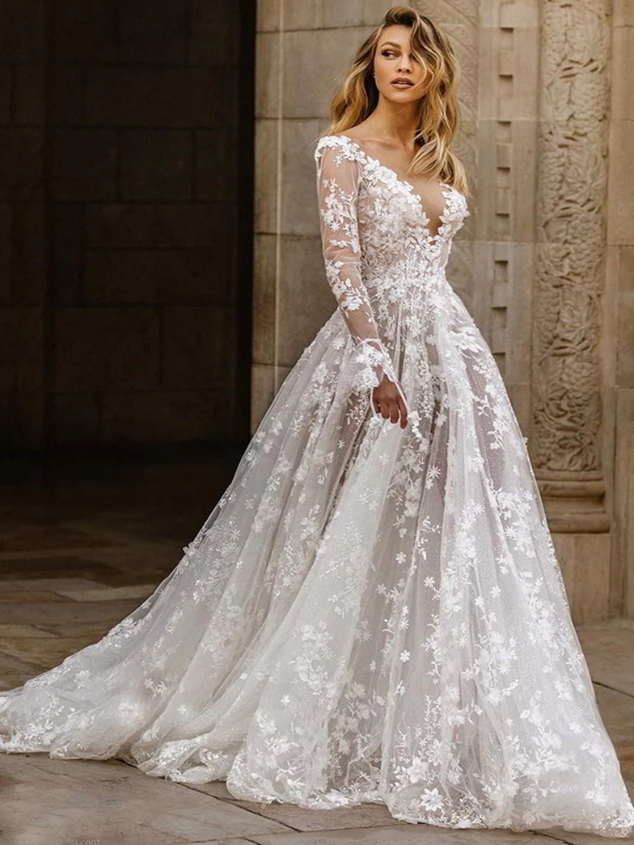 Sexy Long Sleeve V-neck Thin Bridal Wedding Maxi Dresses - Image 7