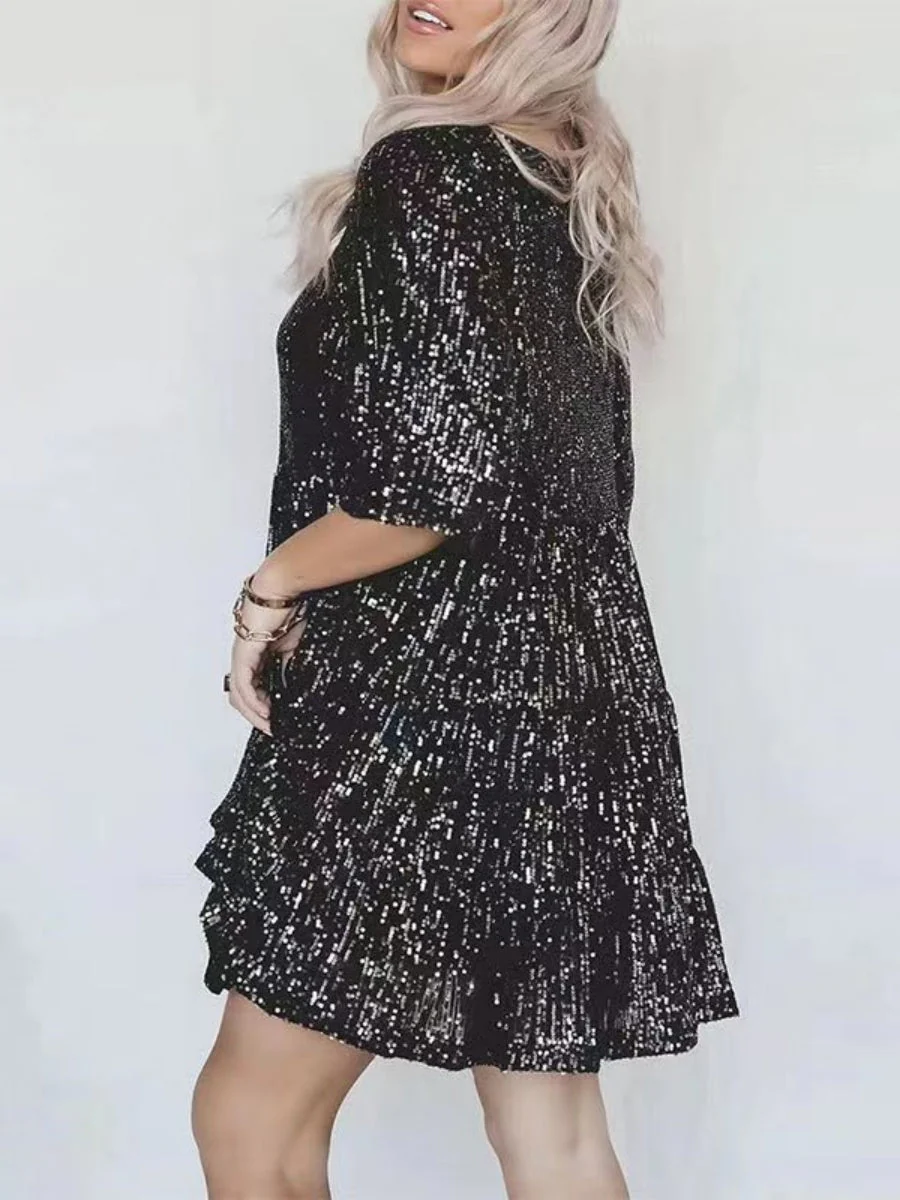 Sequins Crew Neck Loose Waist Short Sleeve Dress - Image 2