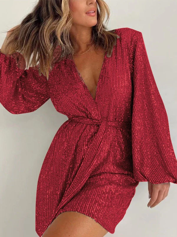 Sequins Long Sleeve V-neck Mini&Short Dresses - Image 16