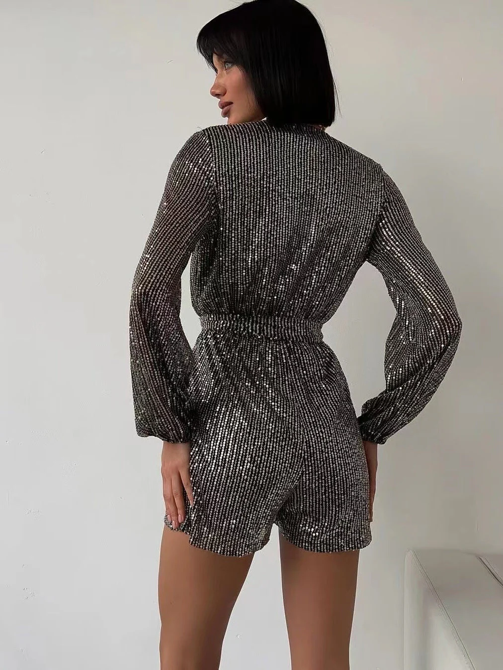 Sequins Long Sleeve V-neck Mini&Short Dresses - Image 2