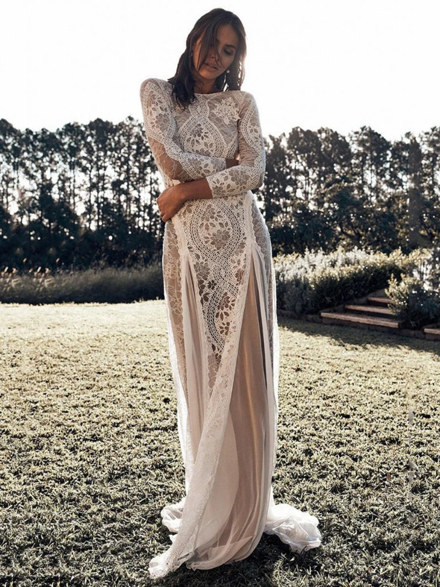 Hollow Printed Long Sleeve Bridal Wedding Dress Maxi Dresses - Image 4