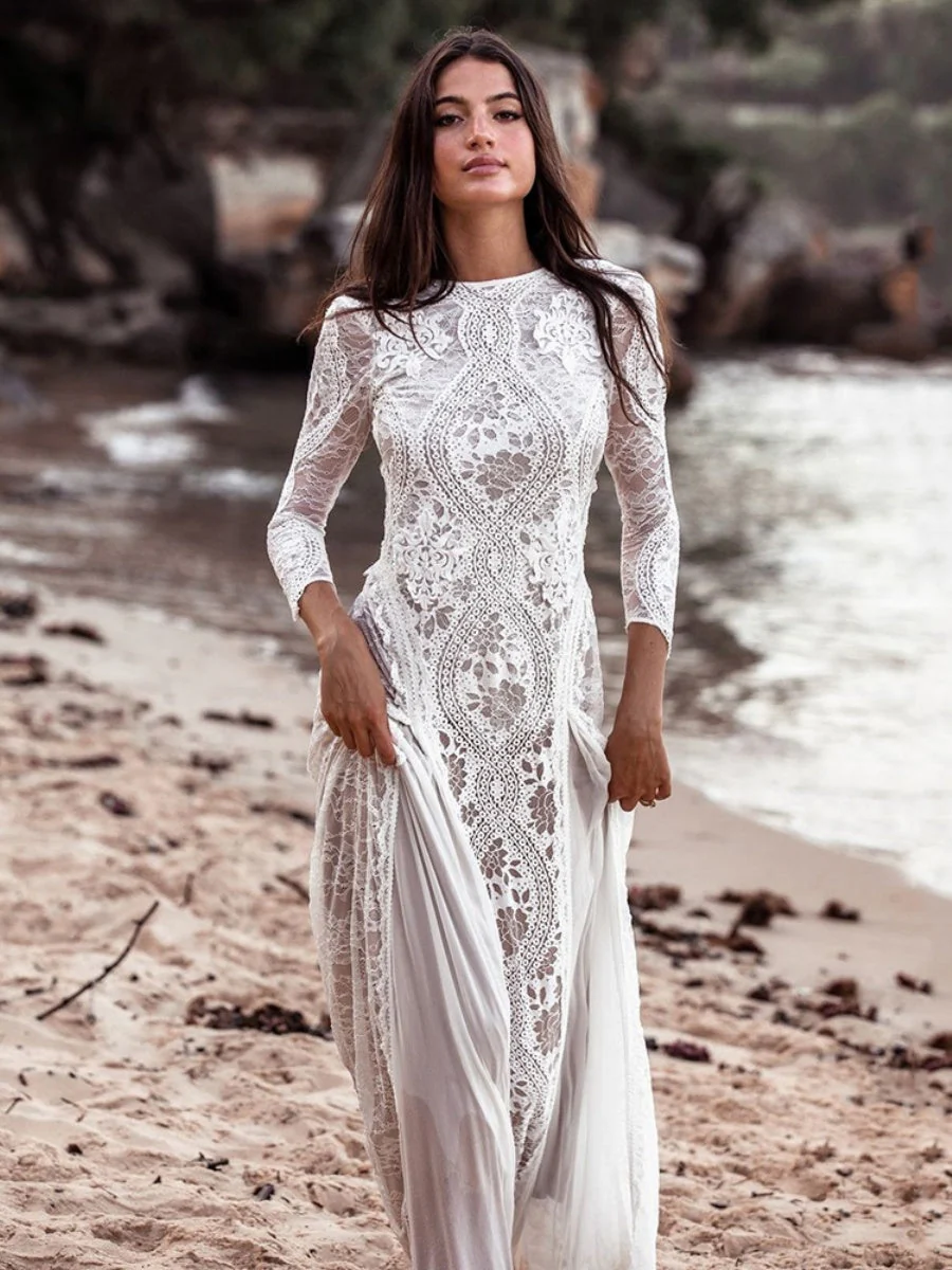 Hollow Printed Long Sleeve Bridal Wedding Dress Maxi Dresses - Image 8