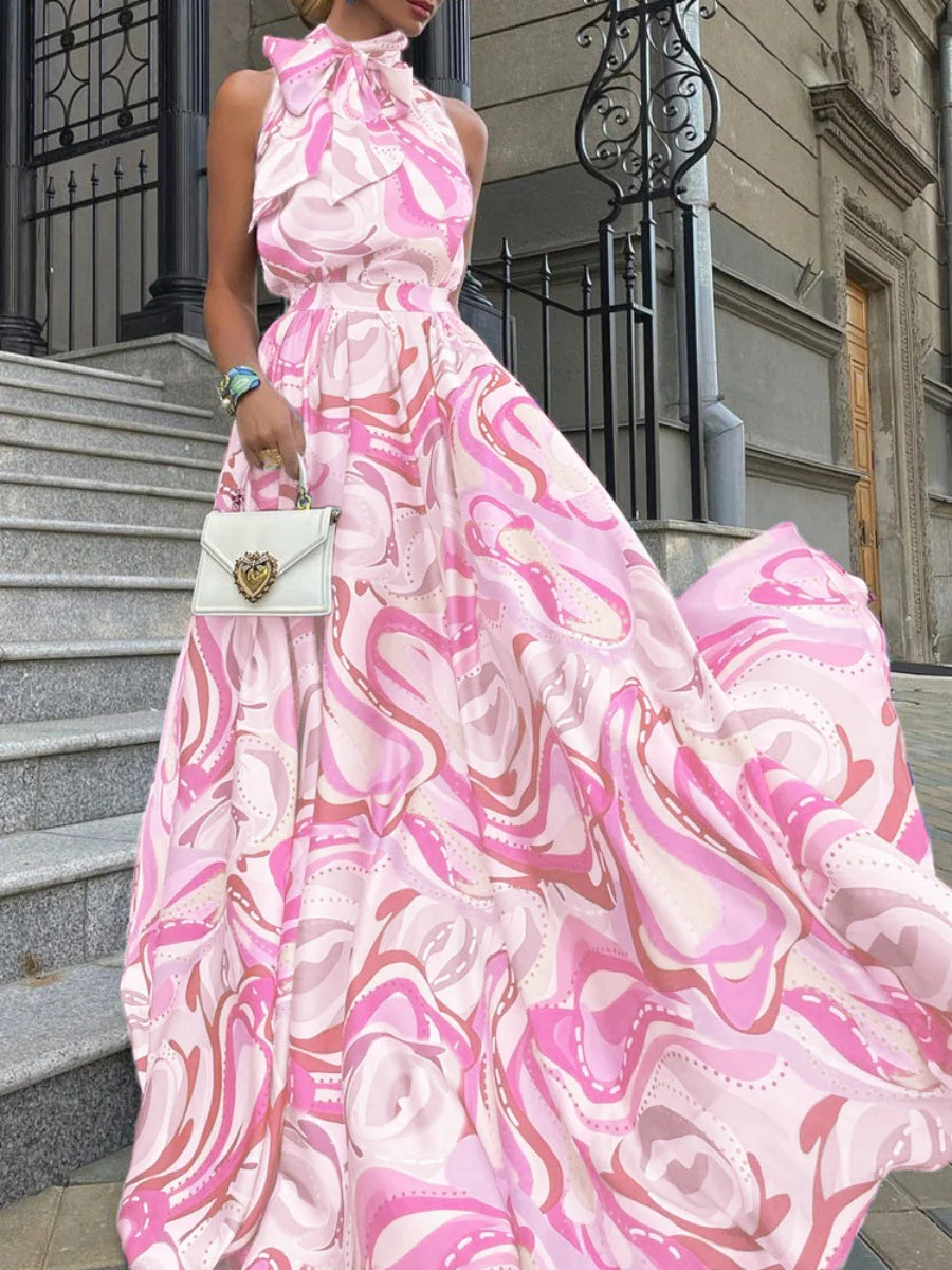 Halter Neckline Bow Tie Big Swing Maxi Dresses - Image 3