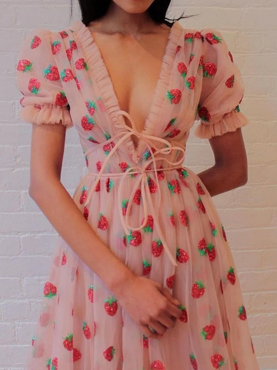 French Strawberry Four-Color Sequined Sweet Mesh Tie-Waist Slim Fit Long Dress - Image 2