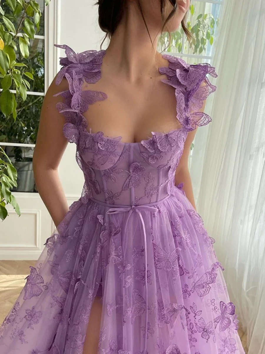 Sleeveless High-slit 3D Floral Purple Midi Dress - Image 2