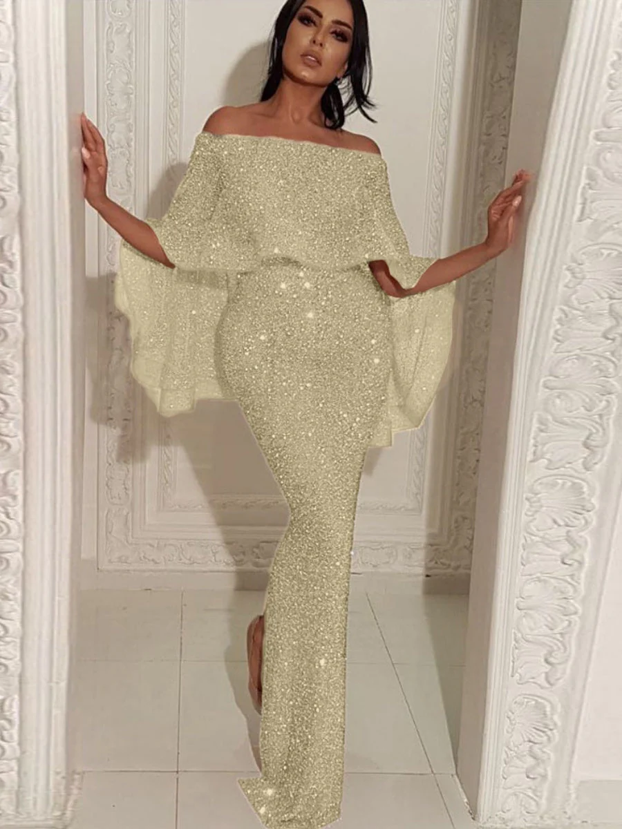 Ruffled One-shoulder Dress Sequins Maxi Dresses - Image 5