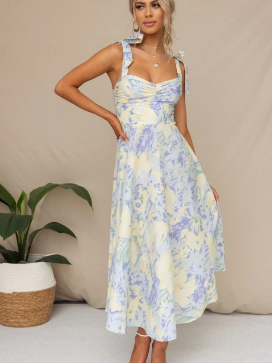 Floral Bandage Waist Midi Dresses - Image 4