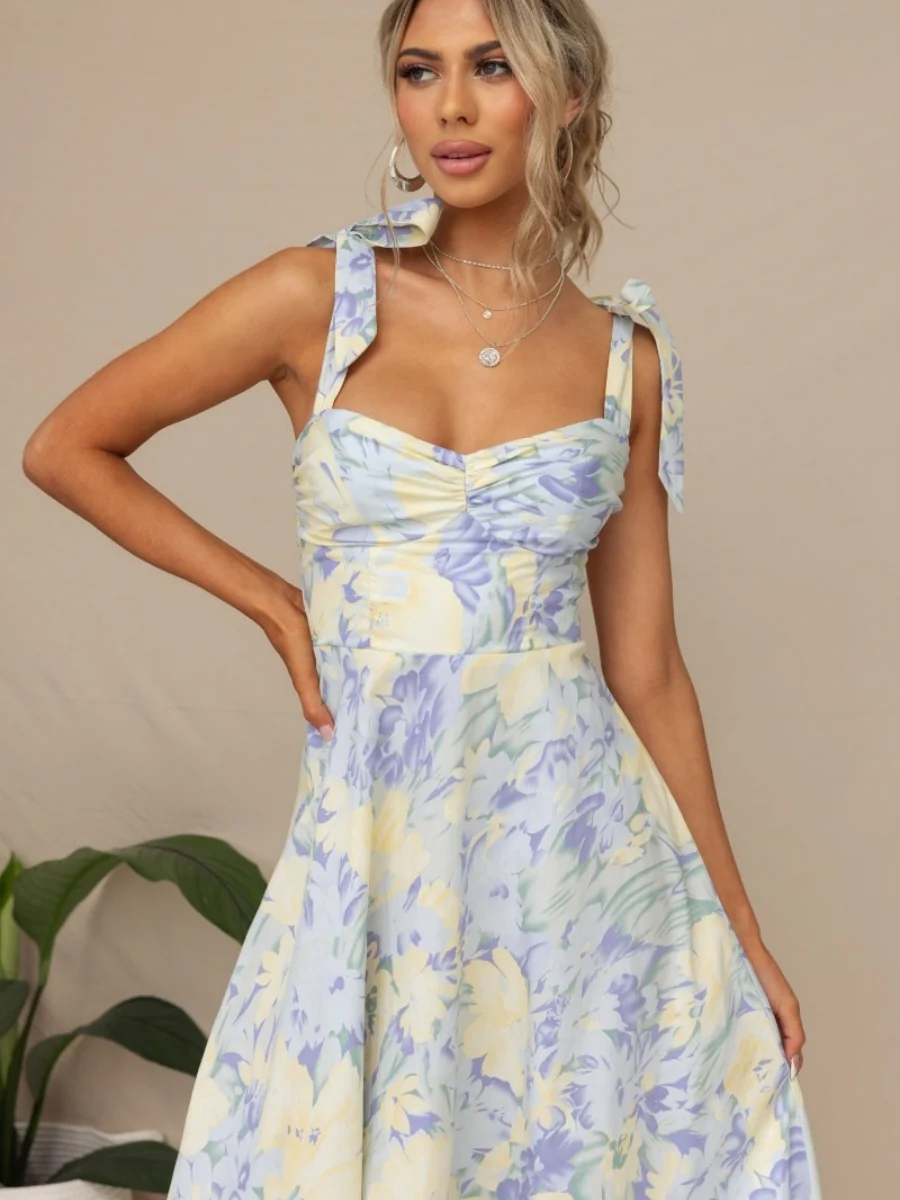 Floral Bandage Waist Midi Dresses - Image 5