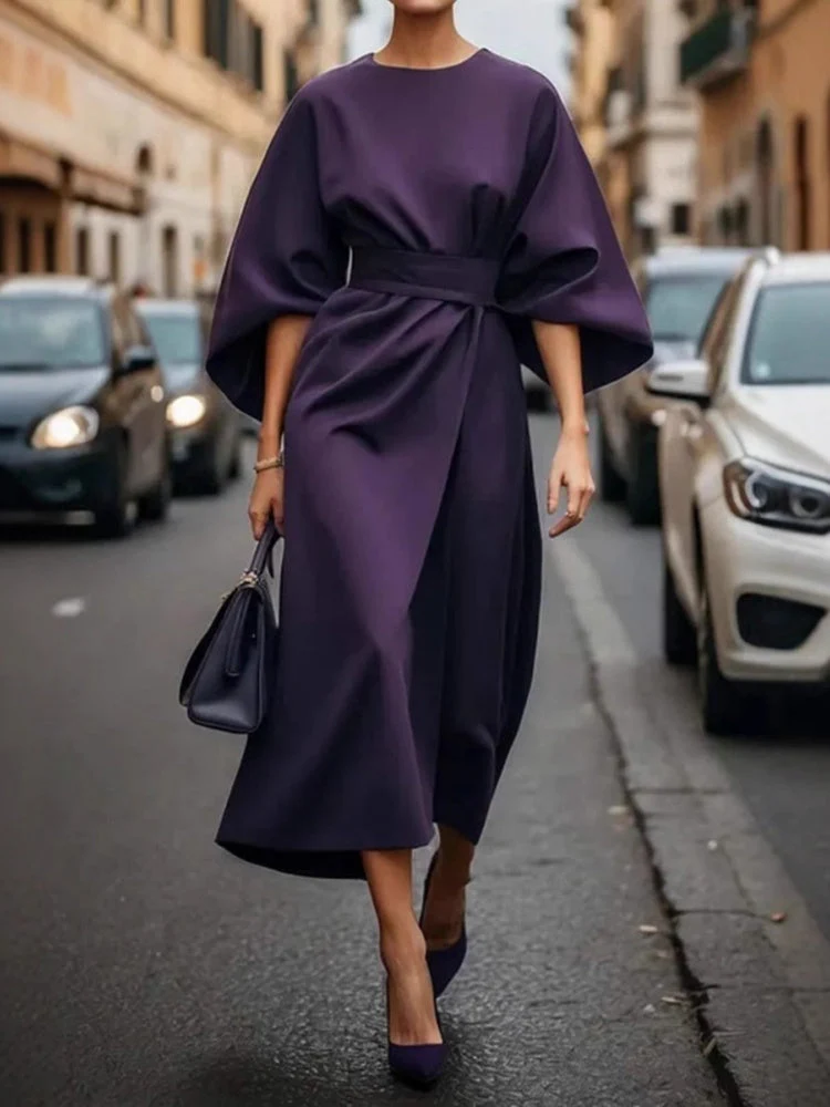 Solid Color Fitted Waist Dress, Casual Batwing Sleeve Long Skirt - Image 10