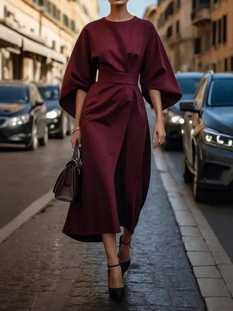 Solid Color Fitted Waist Dress, Casual Batwing Sleeve Long Skirt - Image 11