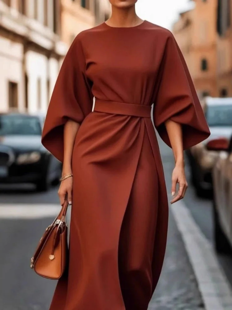 Solid Color Fitted Waist Dress, Casual Batwing Sleeve Long Skirt - Image 3