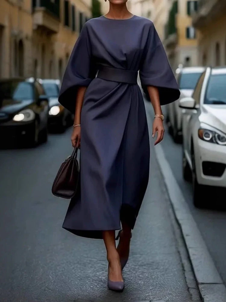 Solid Color Fitted Waist Dress, Casual Batwing Sleeve Long Skirt - Image 9