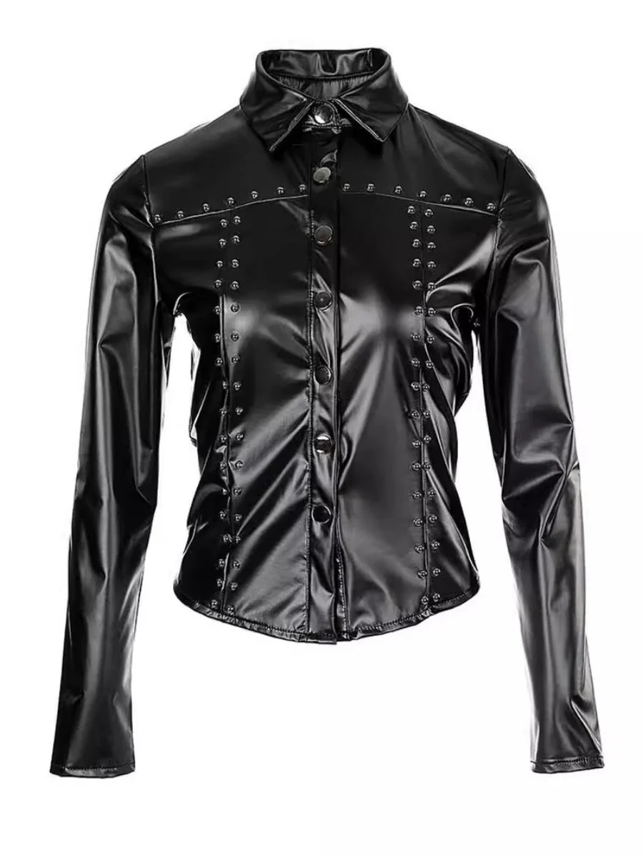 Mosaic Studs Lapel PU Leather Shirts - Image 4