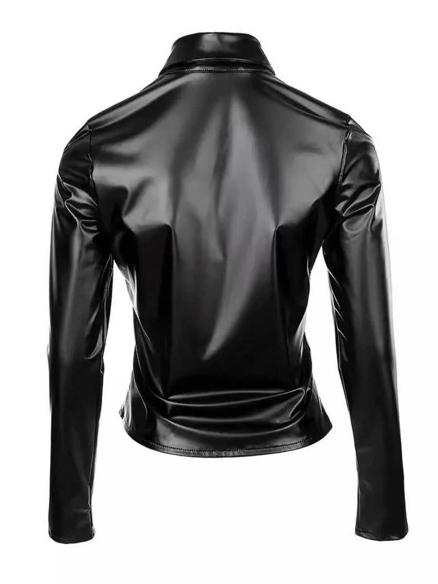 Mosaic Studs Lapel PU Leather Shirts - Image 5