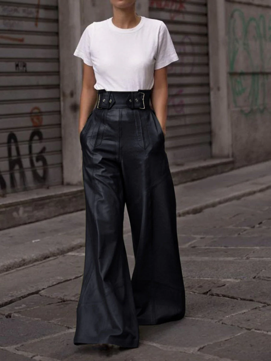 PU Straight-leg Leather Patchwork Trousers - Image 5