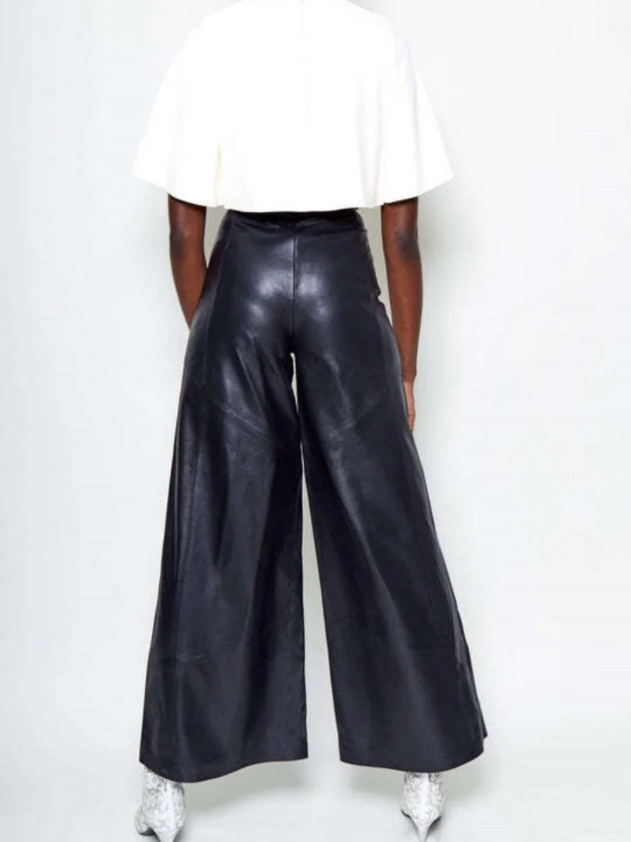 PU Straight-leg Leather Patchwork Trousers - Image 6