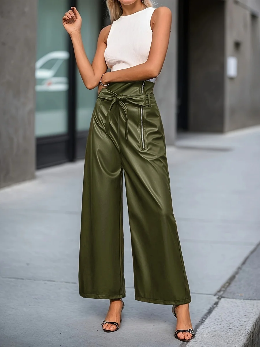 High Waist Loose-fit PU Leather Pants Zipper Pants - Image 6
