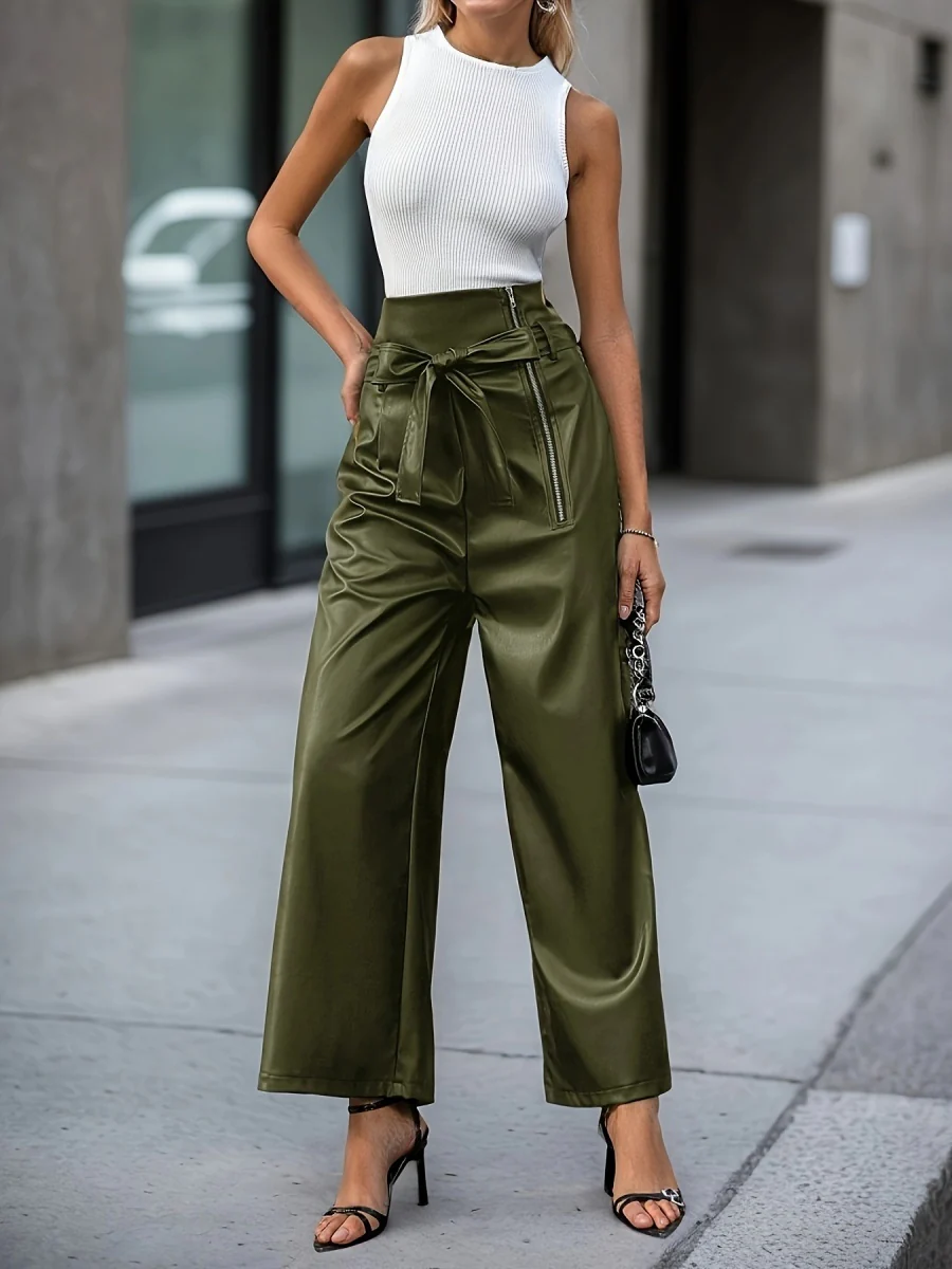 High Waist Loose-fit PU Leather Pants Zipper Pants - Image 7