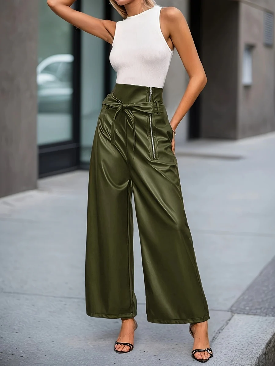 High Waist Loose-fit PU Leather Pants Zipper Pants - Image 8