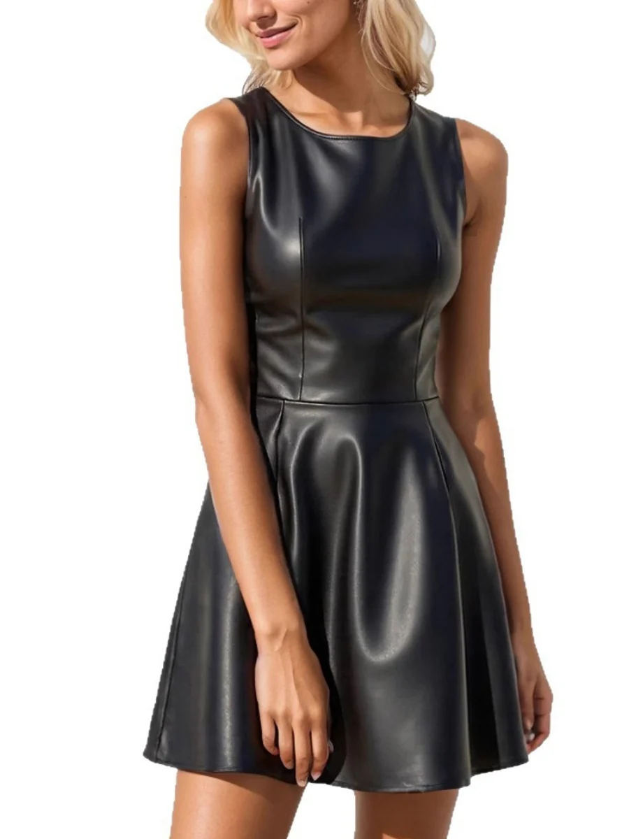 Crew Neck Sleeveless Waist PU Leather Mini&Short Dresses - Image 5