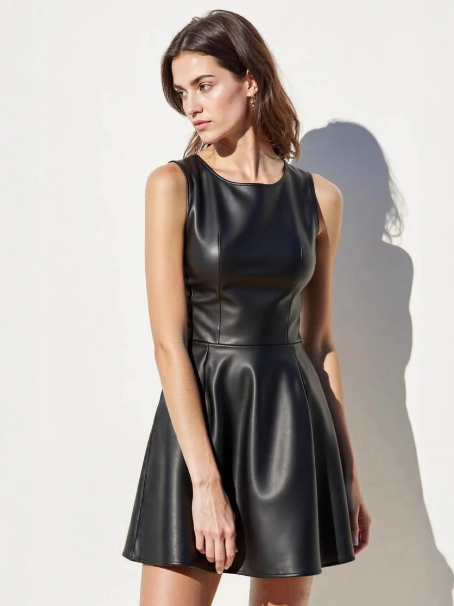 Crew Neck Sleeveless Waist PU Leather Mini&Short Dresses - Image 6