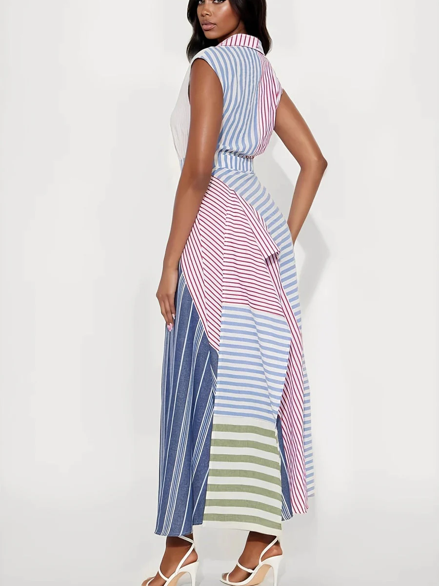 Color-blocked Splicing Stripes Irregular Blended Maxi Dresses - Image 4