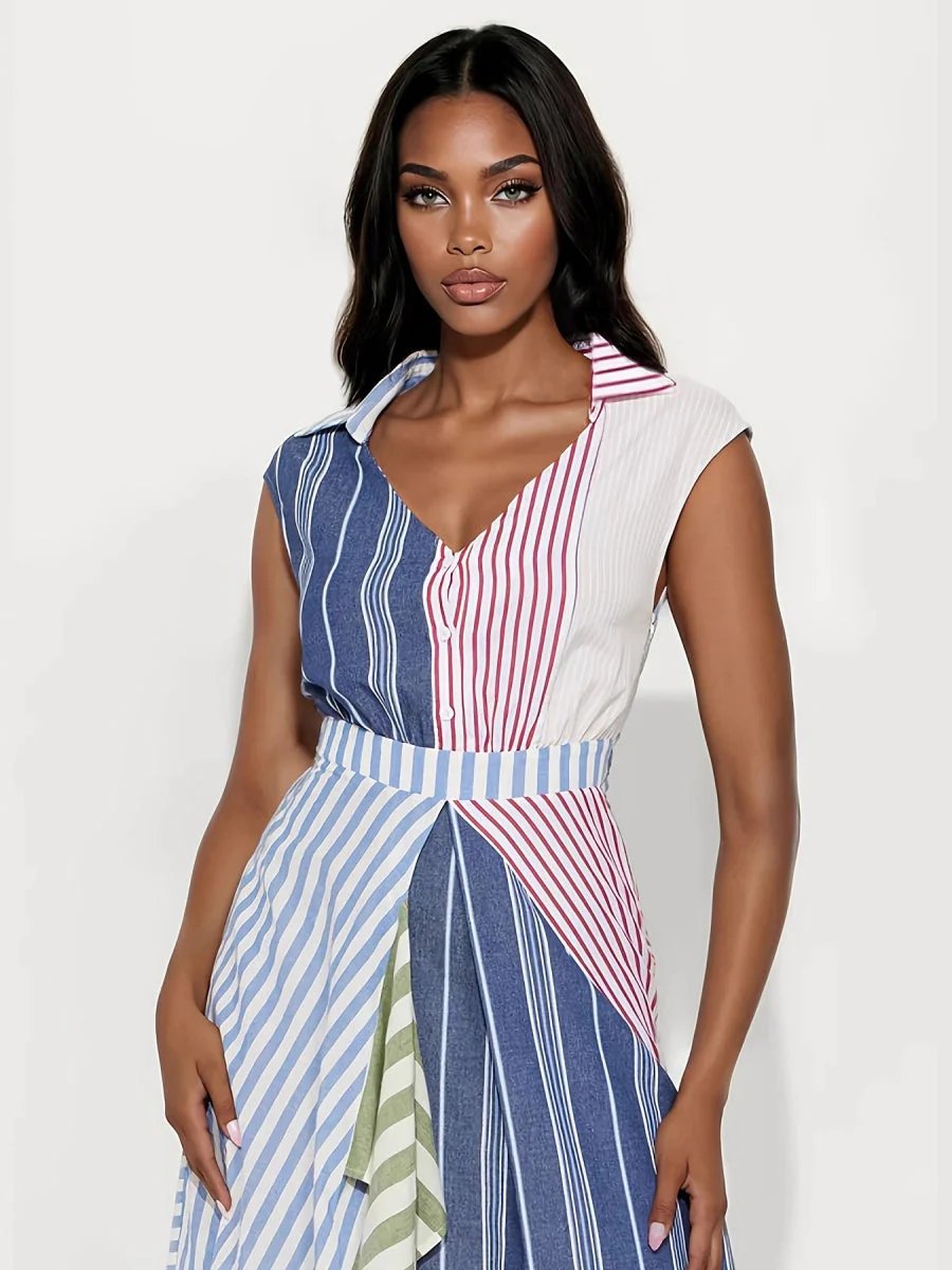 Color-blocked Splicing Stripes Irregular Blended Maxi Dresses - Image 5
