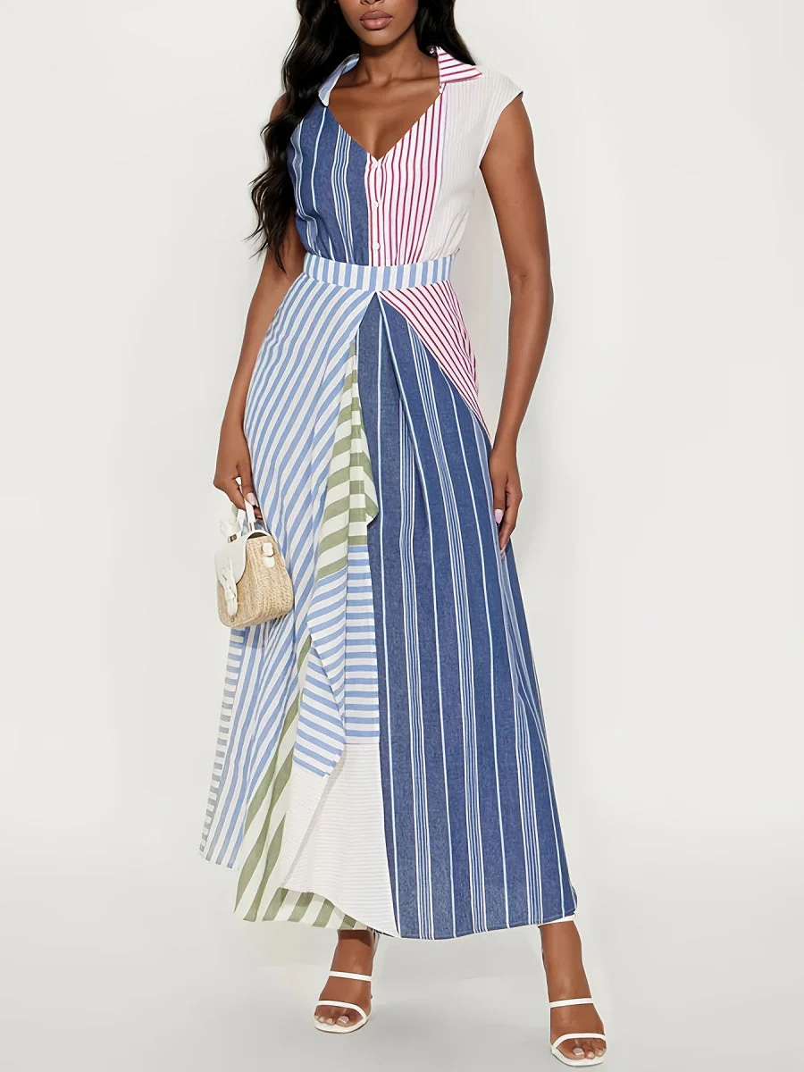 Color-blocked Splicing Stripes Irregular Blended Maxi Dresses - Image 6
