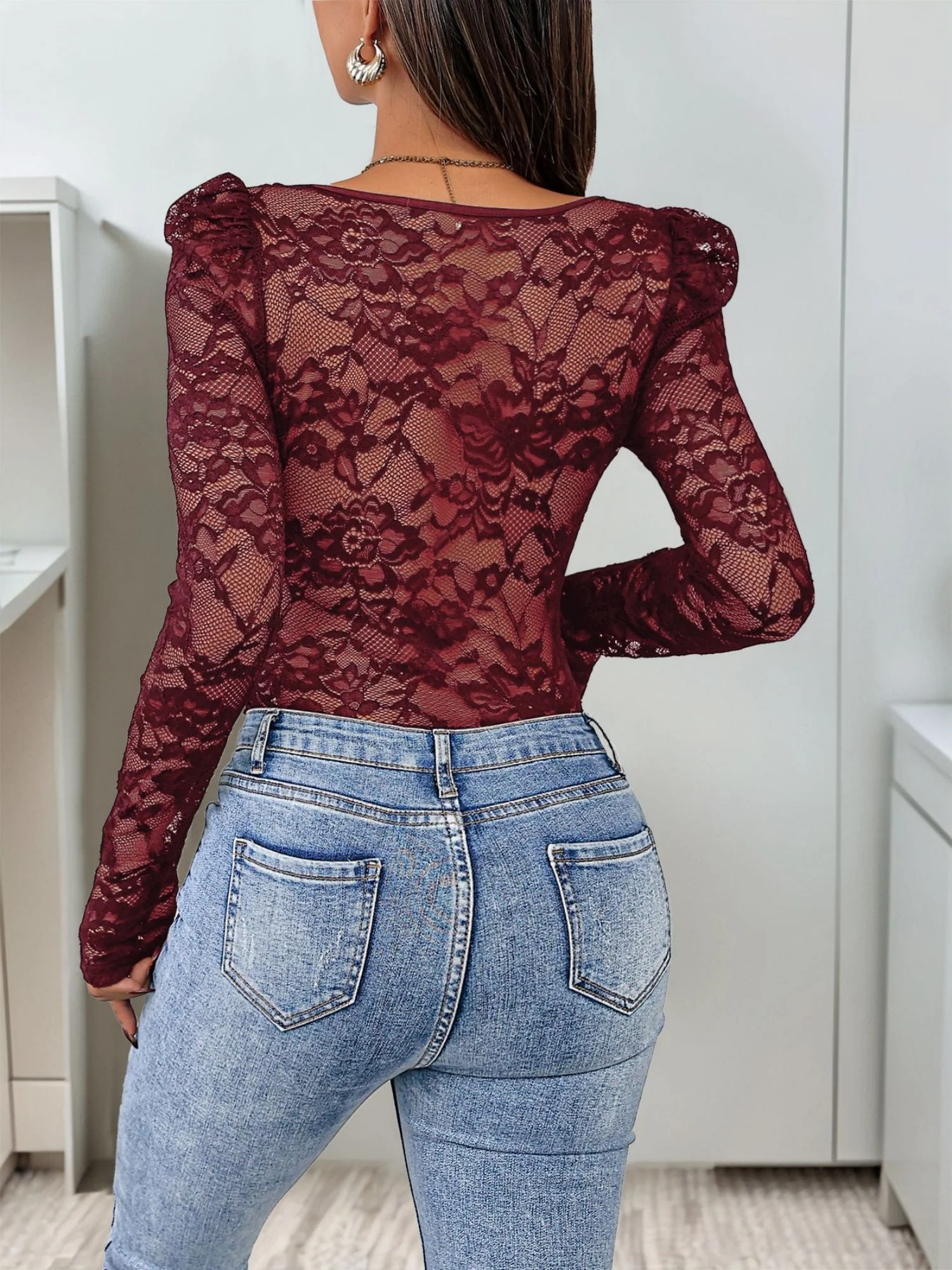 Openwork Lace Trim Spliced Square Neck Tight-fitting Long Sleeves Bodysuits - Image 14