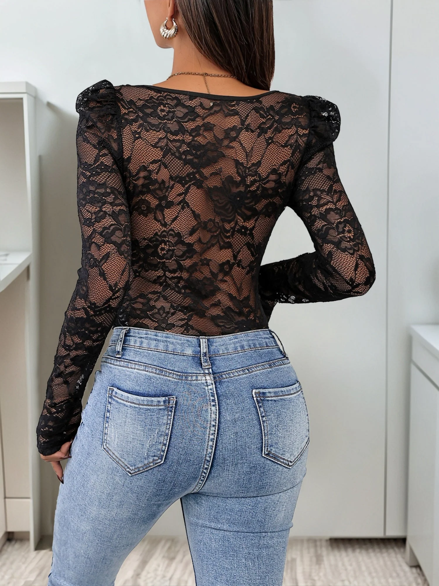 Openwork Lace Trim Spliced Square Neck Tight-fitting Long Sleeves Bodysuits - Image 5