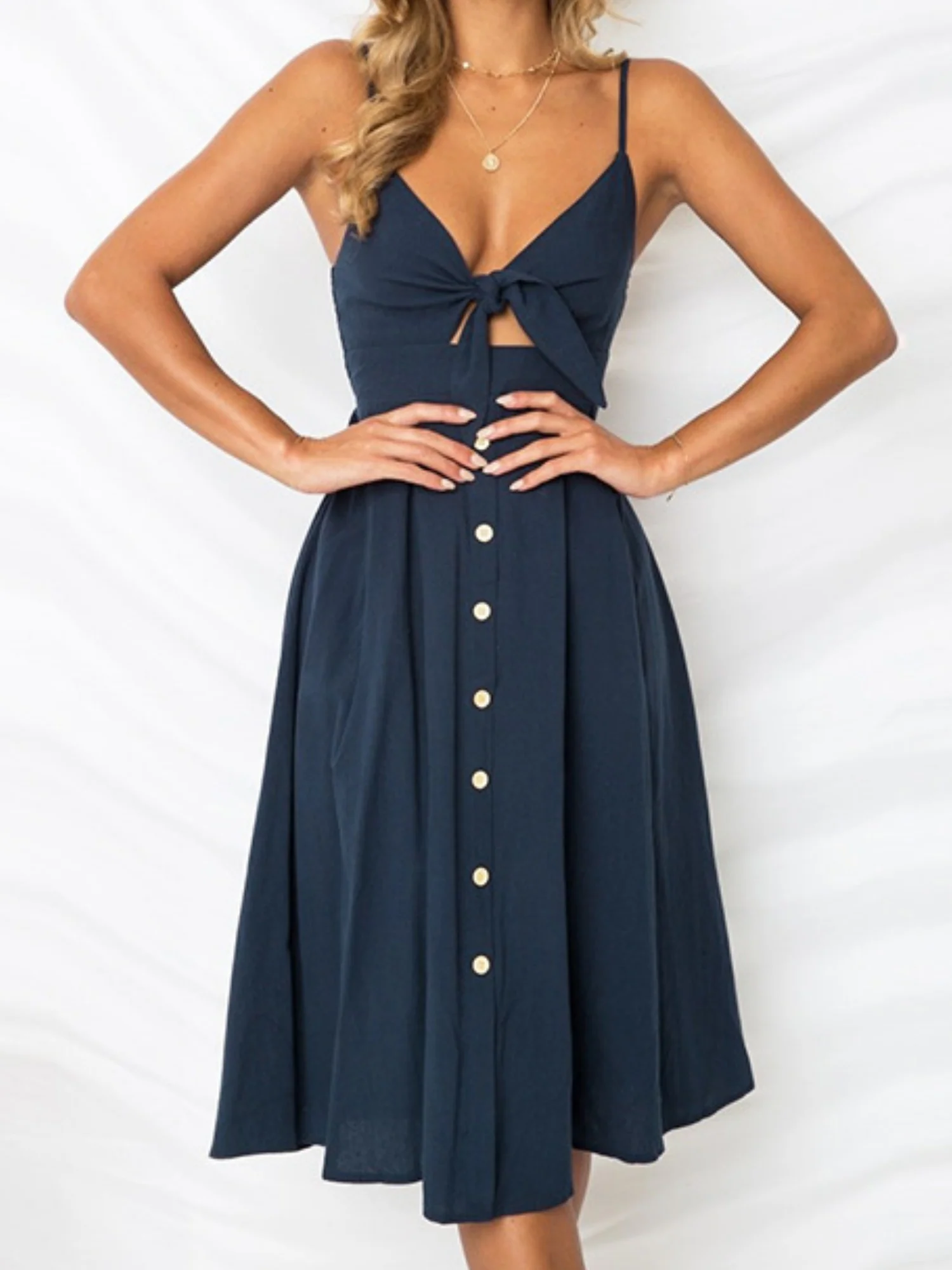 Bow Cutout Strap Buttons Backless Maxi Dresses - Image 6
