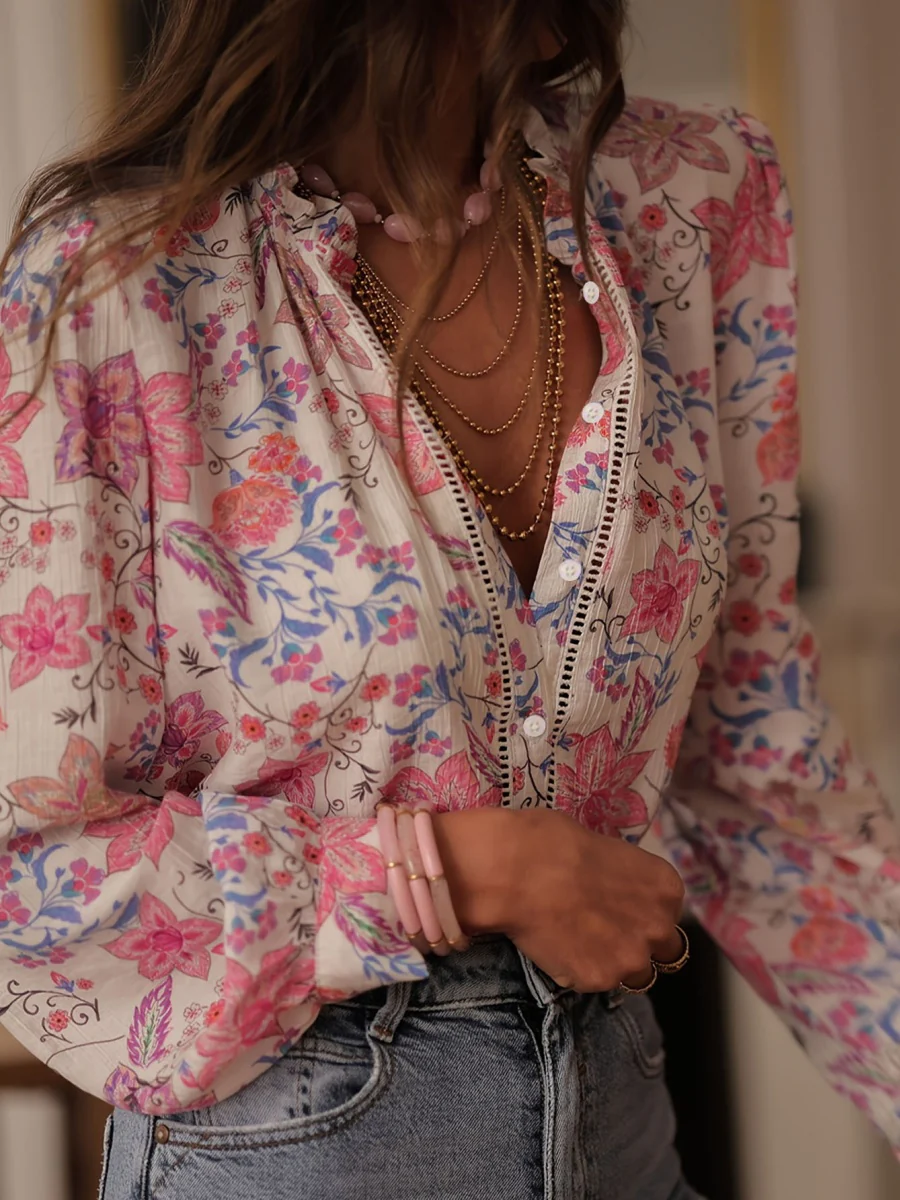 Floral Print V-Neck Long Sleeve Shirt - Image 4