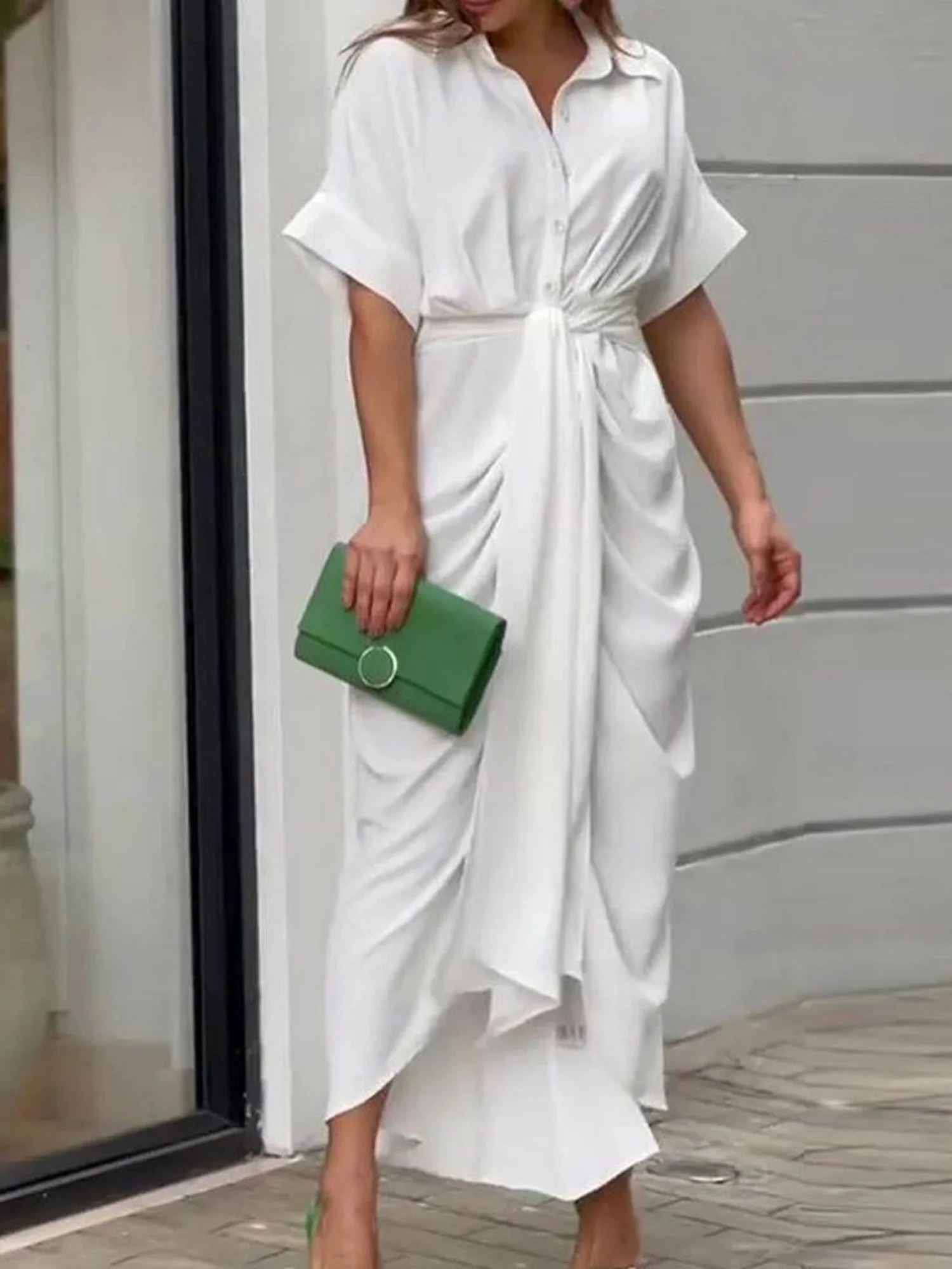 Lapel Shirt Dress Short-sleeved Single-breasted High-waisted Maxi Dresses - Image 10