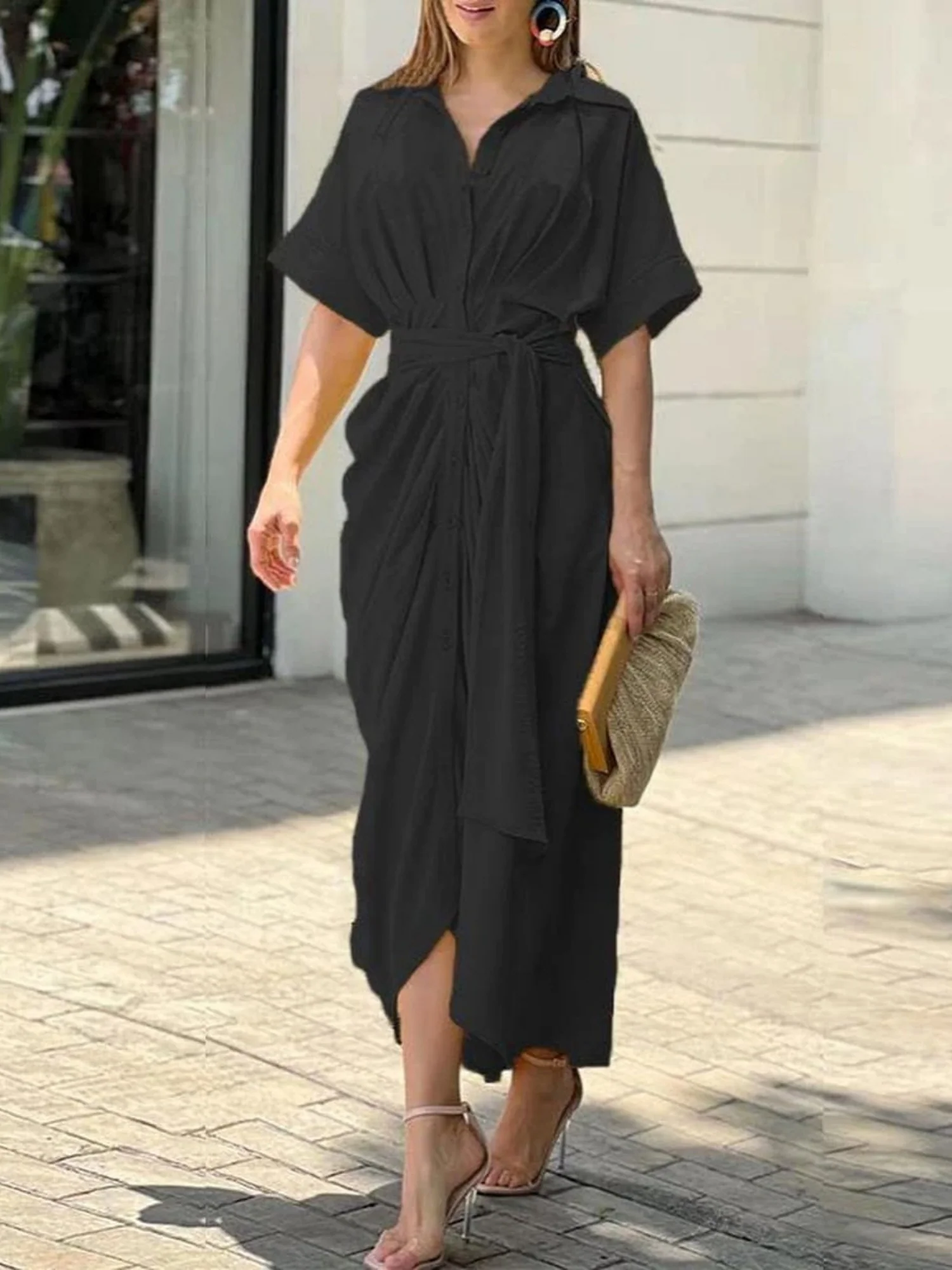 Lapel Shirt Dress Short-sleeved Single-breasted High-waisted Maxi Dresses - Image 11