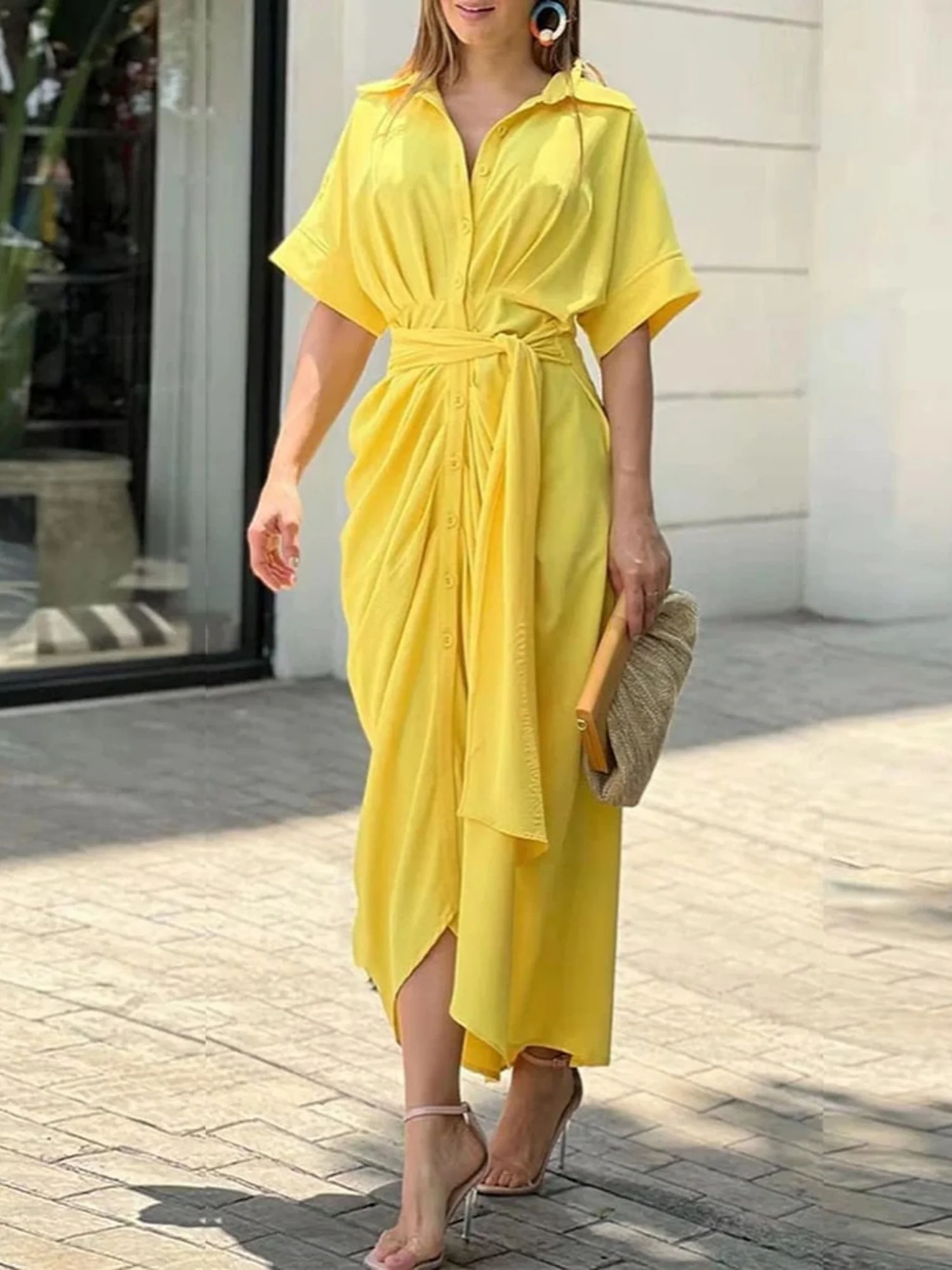 Lapel Shirt Dress Short-sleeved Single-breasted High-waisted Maxi Dresses - Image 2