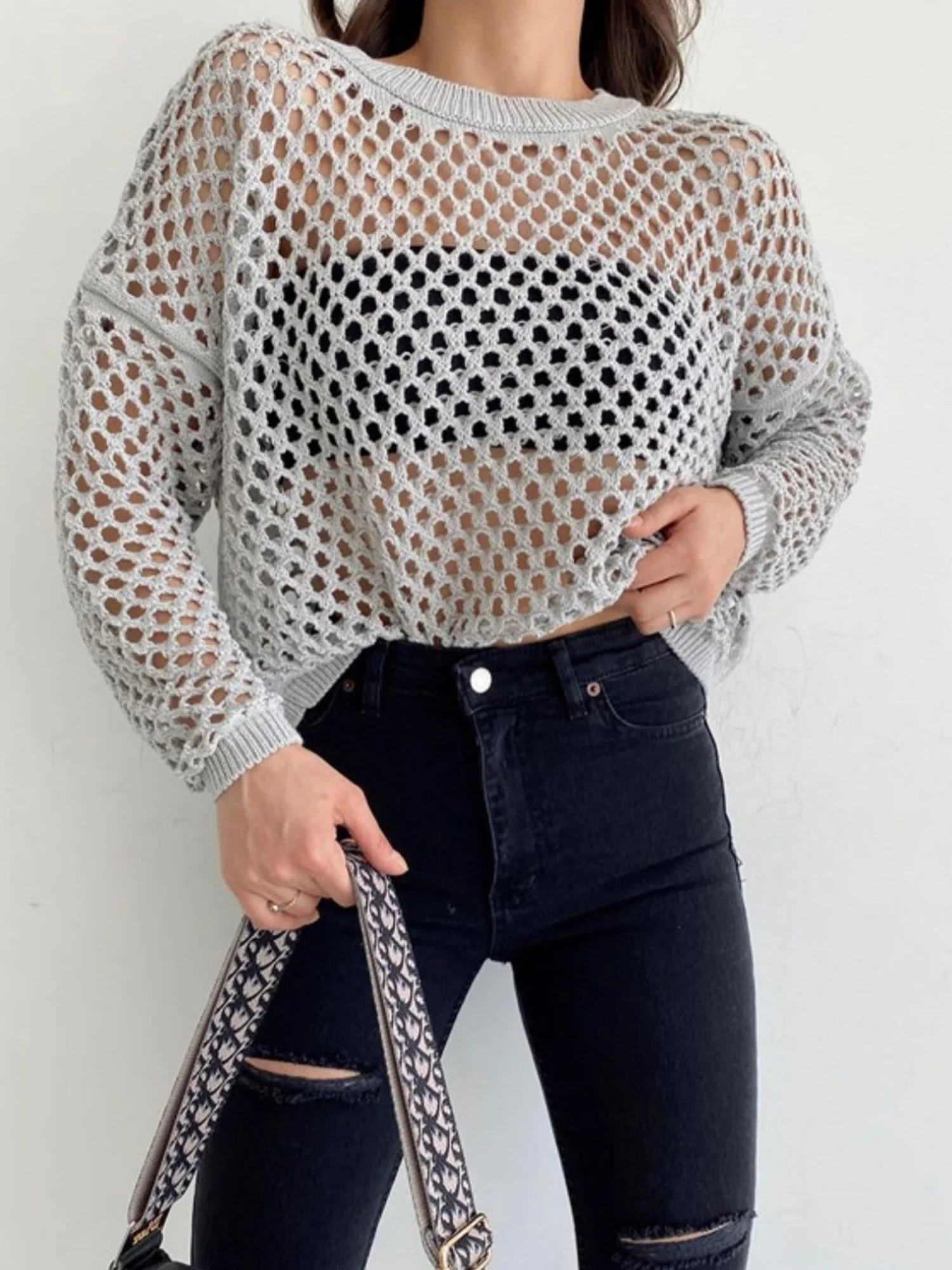 Hollow Out Round Neck With Bell Sleeves Knitted Cover-up - Image 9