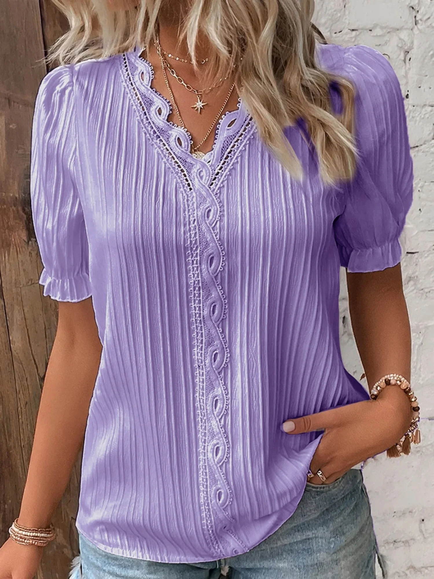 Openwork Lace Puff Sleeve V-neck Vertical Stripes T-shirts - Image 14