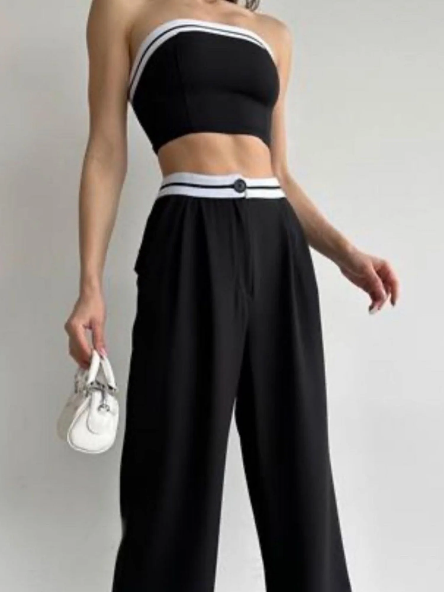 Color-blocked Vest Bandeau High-waisted Wide-leg Trousers 2-piece Sets - Image 5