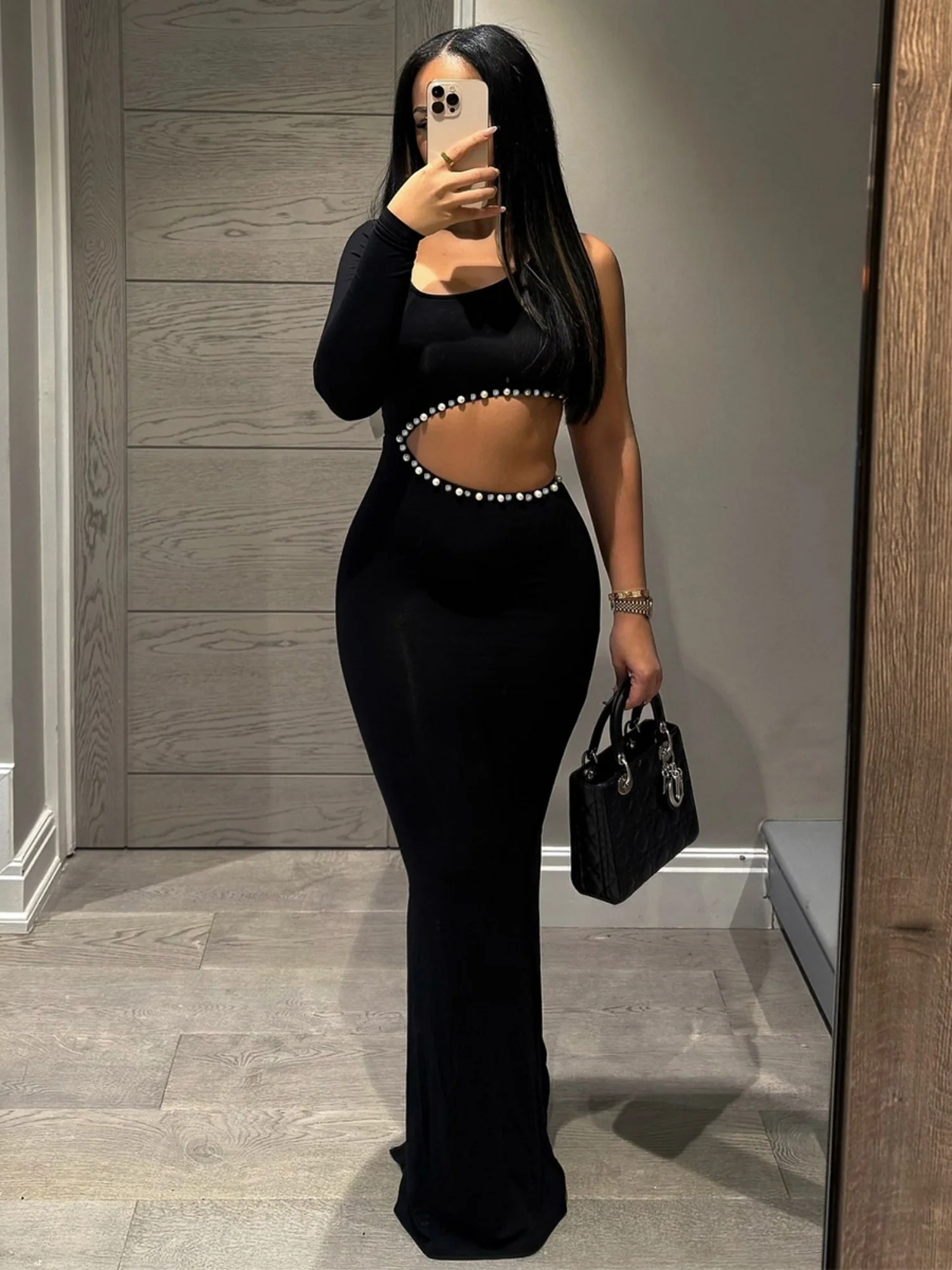 Diamond Pearl Cutout Waist One Shoulder Maxi Dresses - Image 2